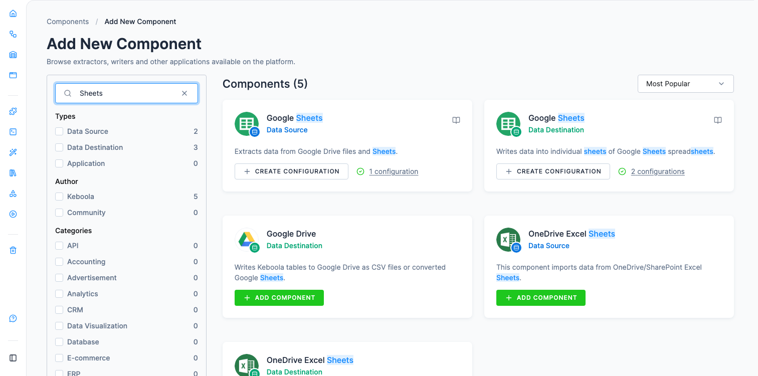 Screenshot - Search for the Google Sheets destination